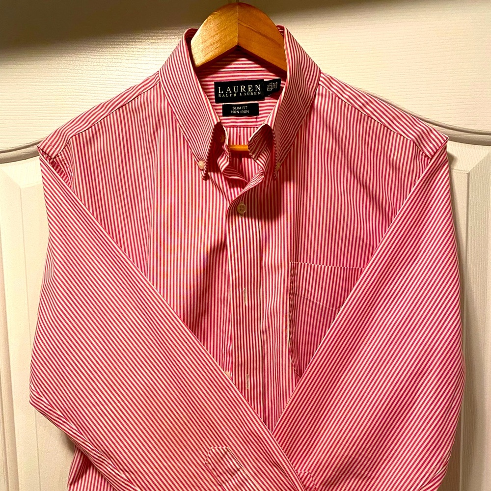 Classic pink and white strip button down 15.5 neck 32/33 sleeve.